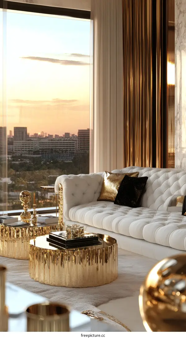 Luxury Gold Accented Living Room with City View