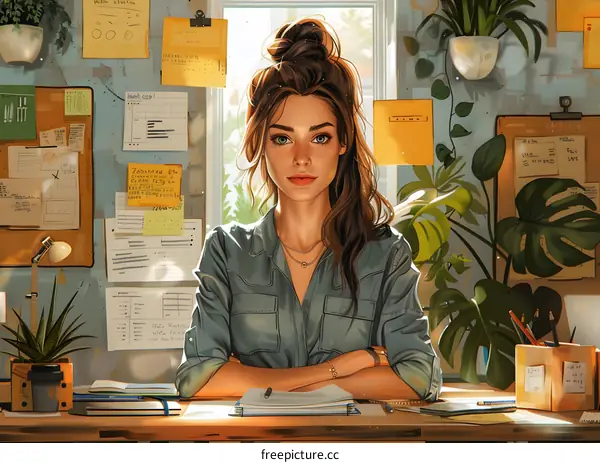 portrait of a young woman sitting at a desk