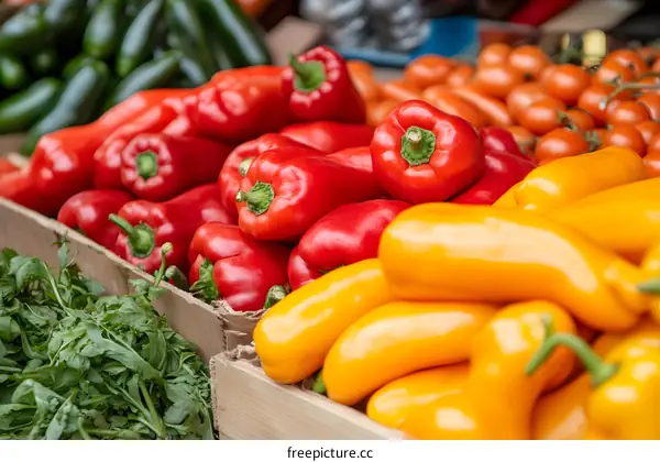 Fresh Red and Yellow Peppers on Display at a Market Stall