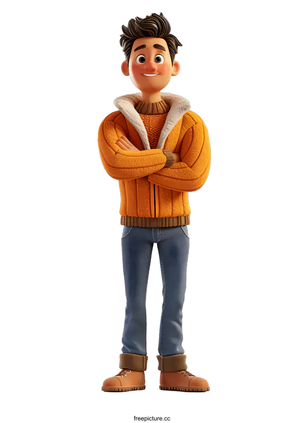 [Transparent Background PNG]A 3D rendering of a man in a brown sweater and blue jeans