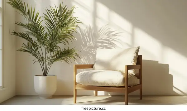 Modern Minimalist Living Room Scene with Wooden Chair