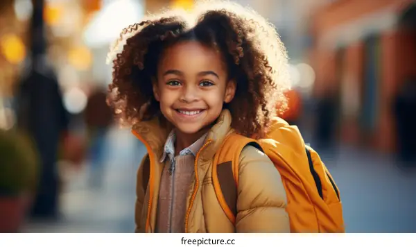 Portrait of a smiling young girl with curly hair wearing a yellow jacket and backpack