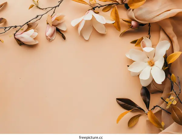 Magnolia Flowers and Leaves on Beige Background