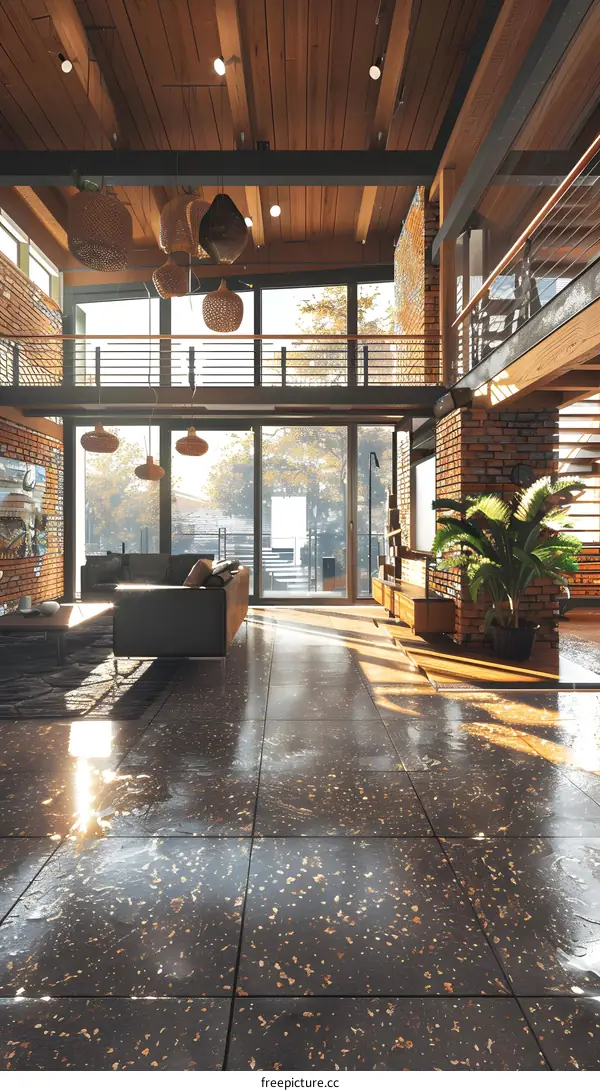 Modern Living Room with High Ceiling and Wooden Beams