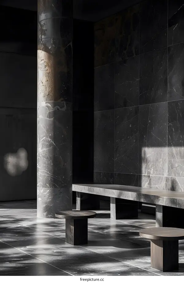 Modern Minimalist Interior Design with Marble Walls and Wooden Furniture