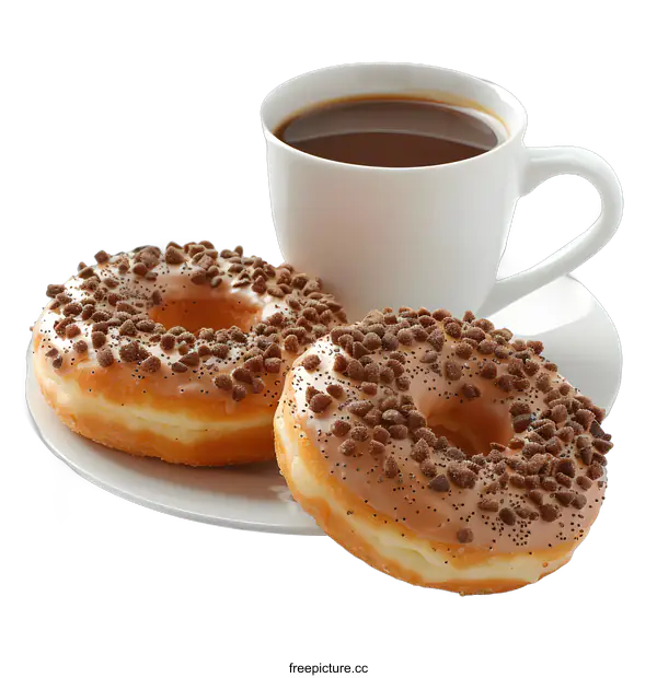 [Transparent Background PNG]Two donuts and a cup of coffee on a white plate