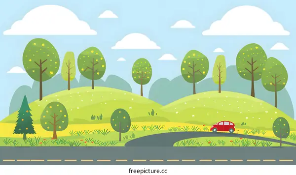 Cartoon Illustration of a Country Road with Green Trees and a Red Car