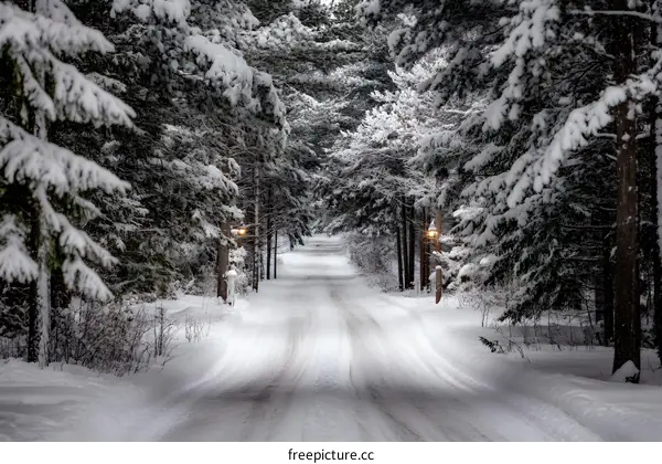 Snowy Road Through a Winter Forest