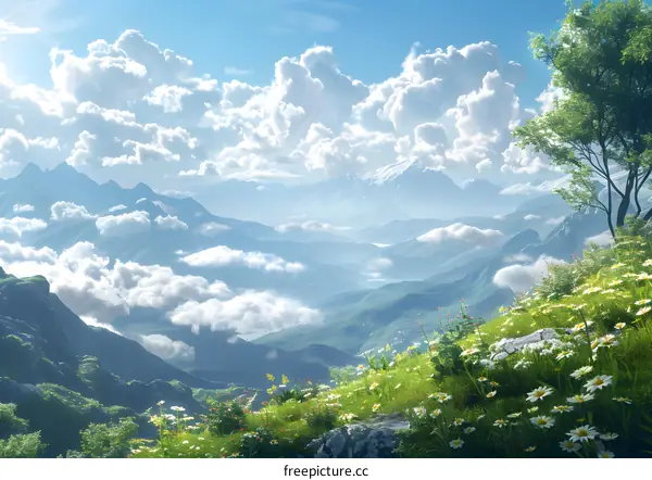 Green mountains and white clouds