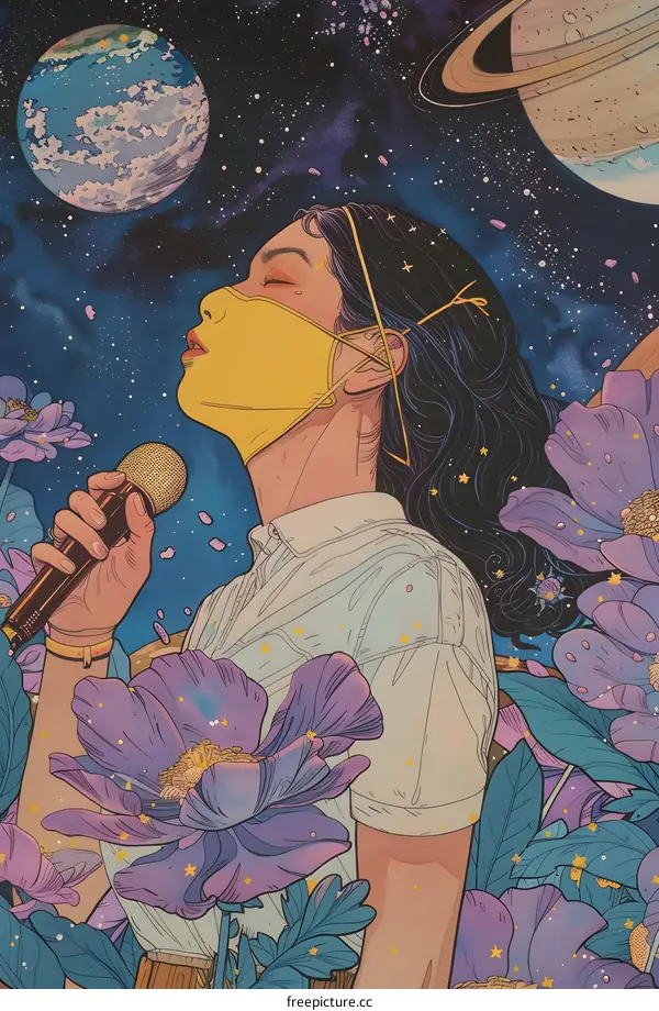 Cosmic Serenade: A Woman Sings Amidst the Stars