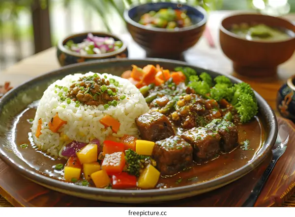 Japanese beef curry with rice and vegetables