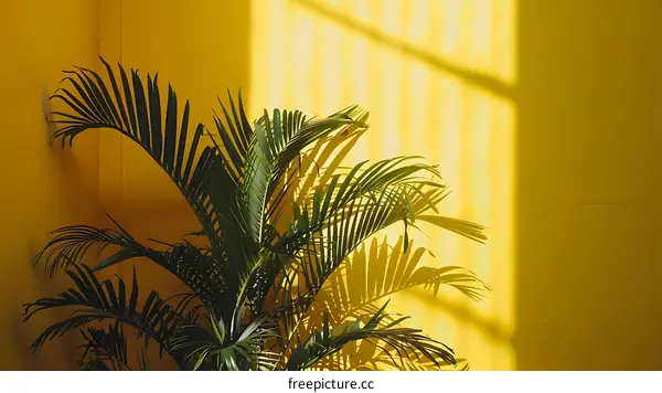Green Palm Leaves Against Yellow Wall
