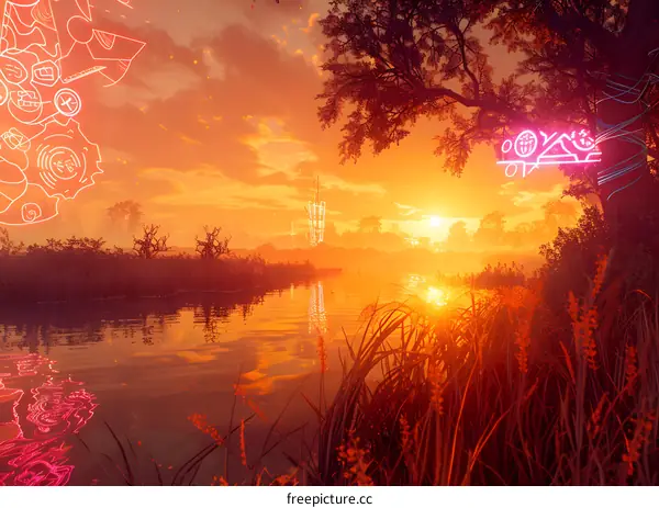 Neon Sunset Over Water