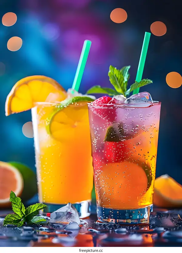 Two Glasses of Refreshing Fruit Cocktails with Mint and Ice