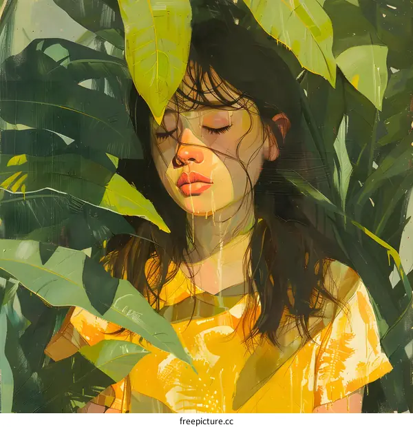 Woman In Yellow Shirt Surrounded by Lush Green Leaves