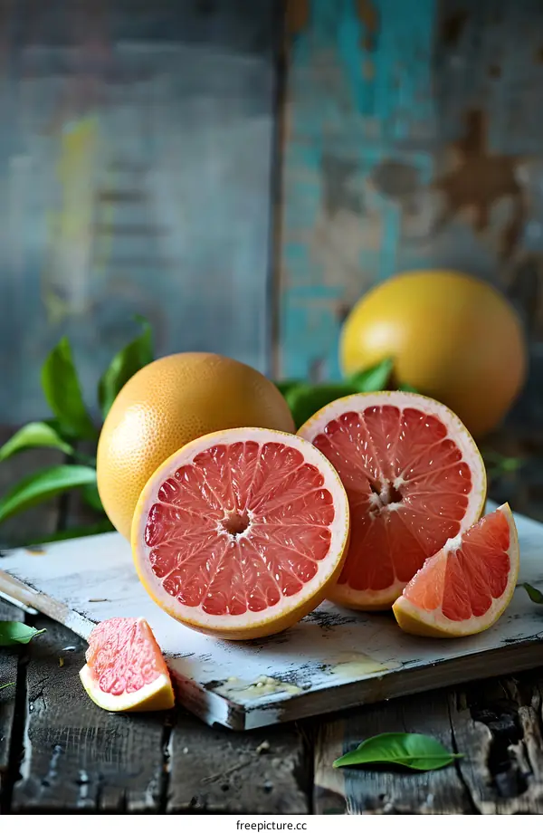 Fresh Grapefruit Slices on Rustic Wooden Background