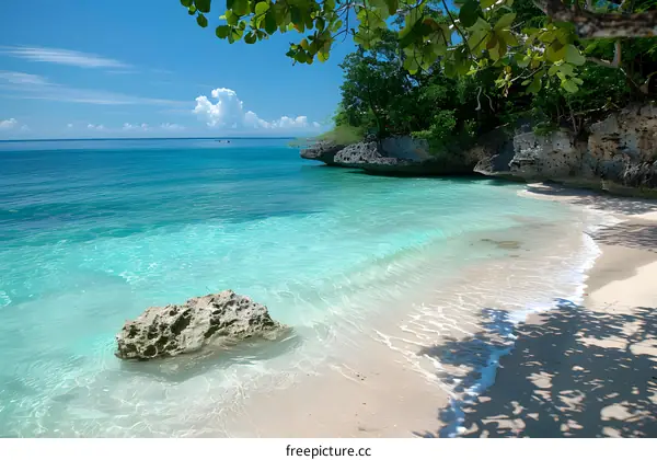 The beach of a tropical island with white sand and blue water