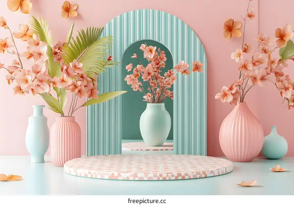 Pastel Pink And Blue Vase With Flowers And Arch
