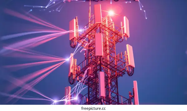 The 5G cellular network tower transmits data at high speed