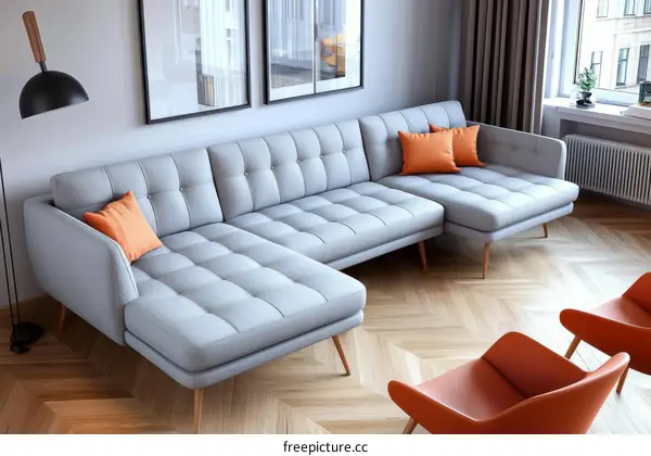 Modern Gray Sectional Sofa with Orange Pillows in a Stylish Living Room