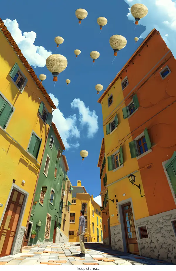 Man Standing in a Narrow Street with Hot Air Balloons
