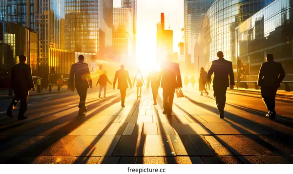 Silhouettes of Business People Walking Towards the Sunset in a City