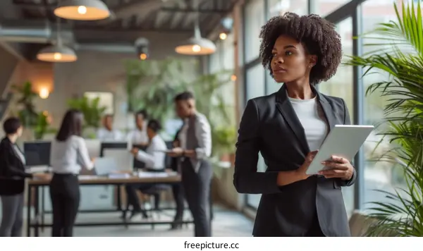 Confident business woman holding a tablet in the office with a group of people working in the background