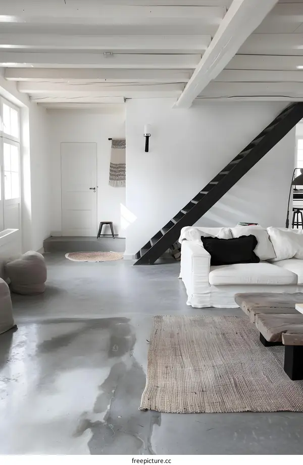 Modern Minimalist Living Room Interior Design with Exposed Beams and Concrete Floor