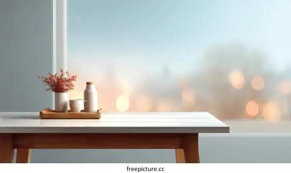 White Table Top with Decor and Blurred Cityscape