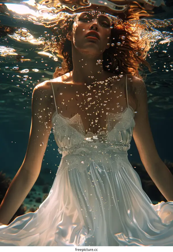 Woman in White Dress Floating Underwater