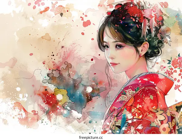 An illustration of a beautiful Japanese woman wearing a red kimono with white and pink flowers in her hair.