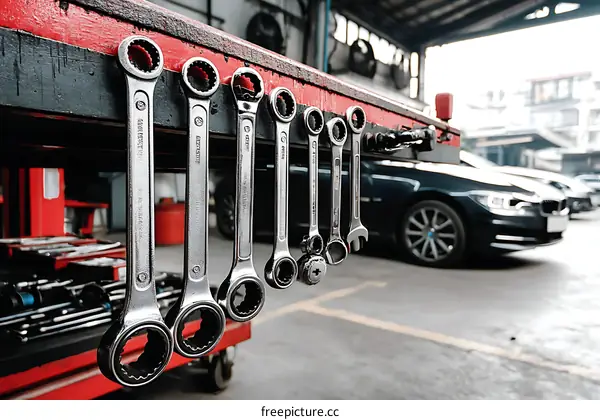 Various Wrenches Hanging in a Garage