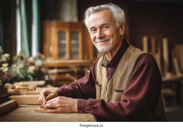 Senior man working on wood carving in workshop