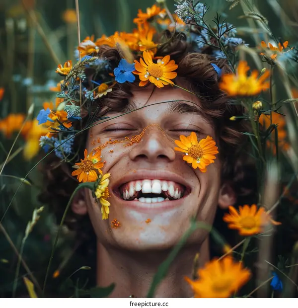 Ecstatic young man with flowers on his face