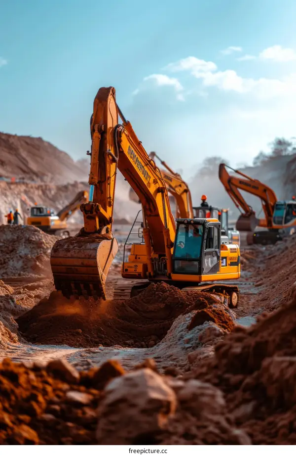 Several workers are working on the construction site with excavators