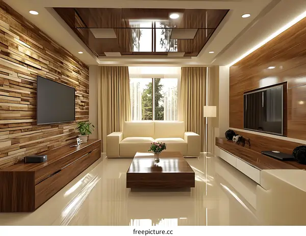 Modern Living Room Interior Design with Wooden Wall Panels and White Sofa