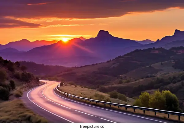 Curving Road Through Mountainous Landscape at Sunset