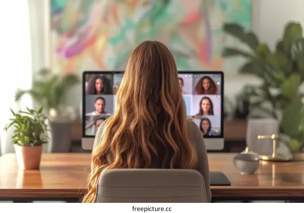 woman in gray sweater having video call with diverse group of people on computer