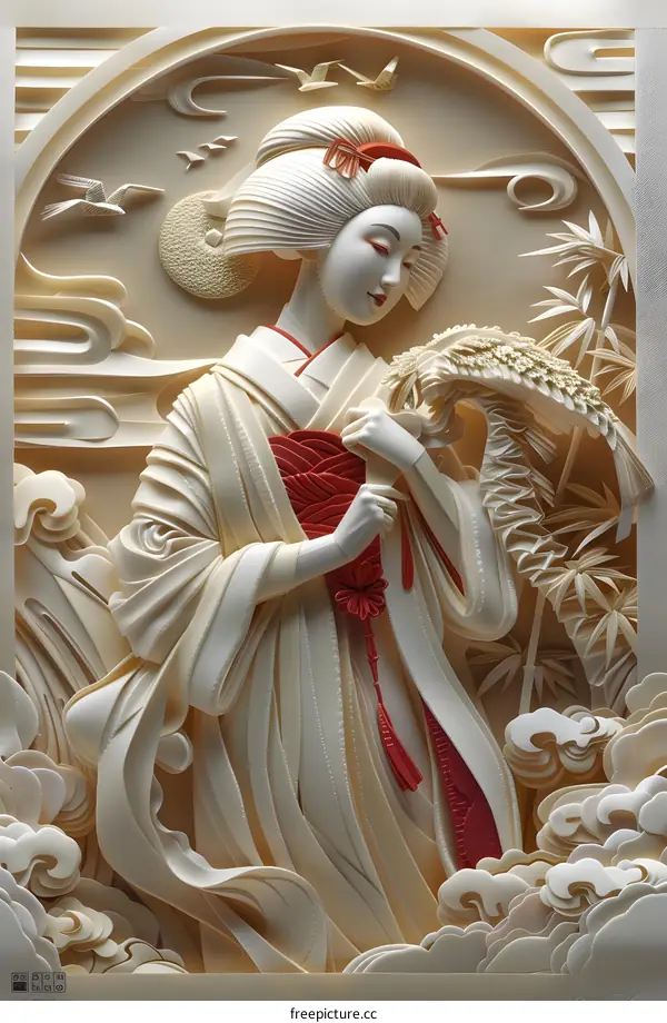 An illustration of a Japanese woman in a kimono holding a fan