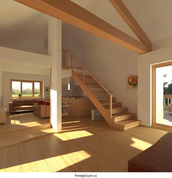 Modern Home Interior Design with Wooden Staircase and Open Floor Plan