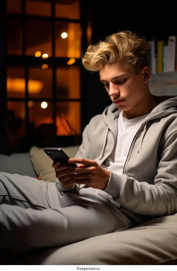 Teenage boy looking at his phone in the dark