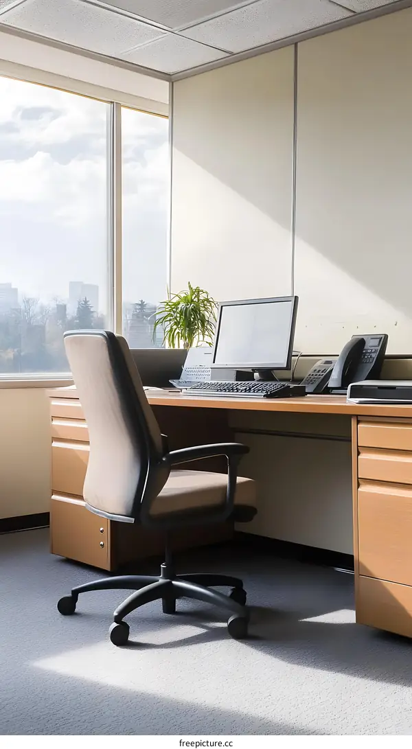 Modern Office Desk with Chair and Computer in Front of Window
