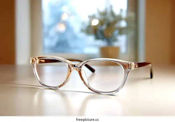 Transparent eyeglasses on a white table