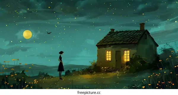 Night Sky with a Woman Standing Near a Cottage