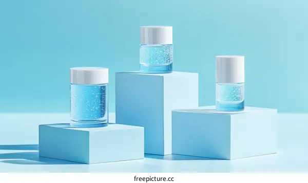 Cosmetic Bottles Display on Light Blue Podiums