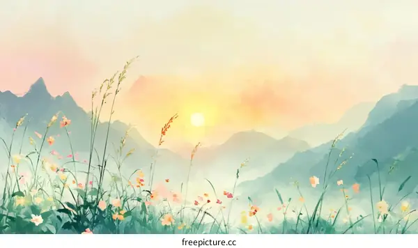 Sunrise over Misty Mountains with Wildflowers