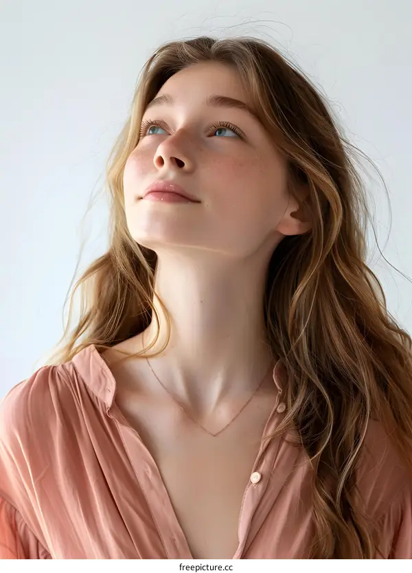 portrait of a young woman with freckles and brown hair