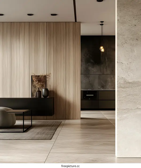 Modern Minimalist Living Room Interior Design with Wooden Wall Paneling and Marble Flooring