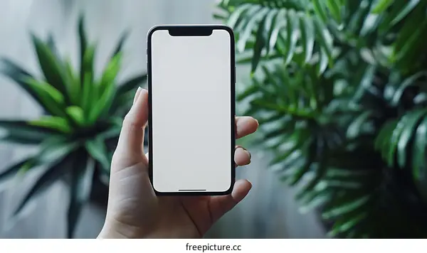 Hand Holding Smartphone With Blank Screen and Green Plants in the Background