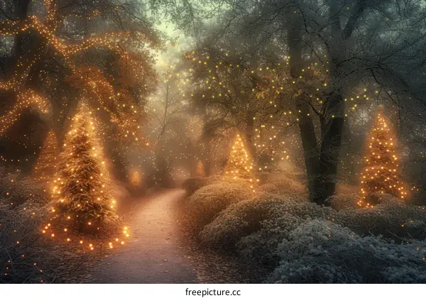 Pathway through an enchanted forest with illuminated Christmas trees